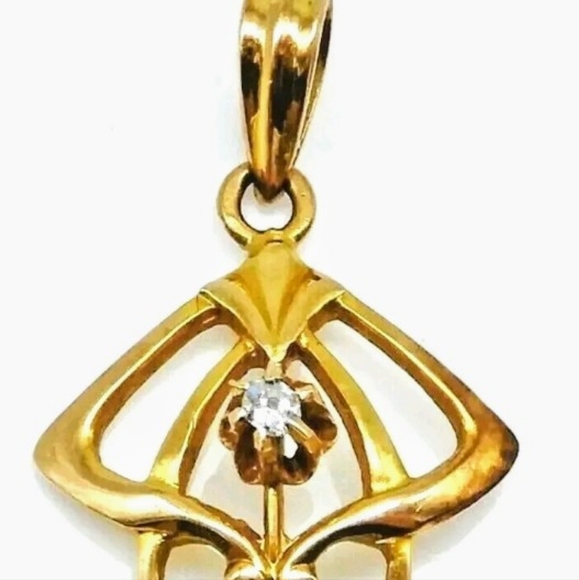 10K Solid Yellow Gold Nouveau Diamond Lavalier Seed Pearl Pendant - Picture 2 of 6